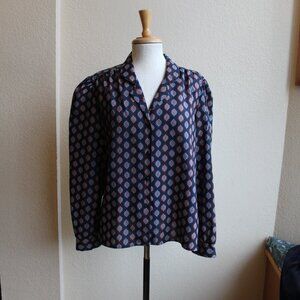 Alicia Vintage 80's Black Medallion Print Puffed Sleeve Blouse 1X